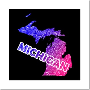 Colorful mandala art map of Michigan with text in blue and violet Posters and Art